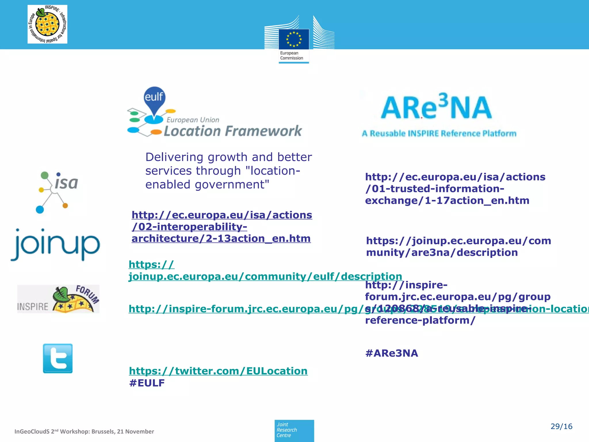 Delivering growth and better
services through "locationenabled government"
http://ec.europa.eu/isa/actions
/02-interoperabilityarchitecture/2-13action_en.htm

http://ec.europa.eu/isa/actions
/01-trusted-informationexchange/1-17action_en.htm

https://joinup.ec.europa.eu/com
munity/are3na/description

https://
joinup.ec.europa.eu/community/eulf/description
http://inspireforum.jrc.ec.europa.eu/pg/group
s/120868/a-reusable-inspirehttp://inspire-forum.jrc.ec.europa.eu/pg/groups/228519/european-union-location
reference-platform/
#ARe3NA
https://twitter.com/EULocation
#EULF
29
InGeoCloudS 2nd Workshop: Brussels, 21 November

29/16

 