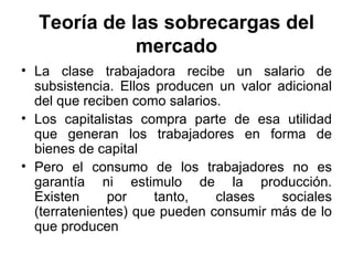 Teoría de las sobrecargas del mercado La clase trabajadora recibe un salario de subsistencia. Ellos producen un valor adicional del que reciben como salarios. Los capitalistas compra parte de esa utilidad que generan los trabajadores en forma de bienes de capital Pero el consumo de los trabajadores no es garantía ni estimulo de la producción. Existen por tanto, clases sociales (terratenientes) que pueden consumir más de lo que producen 