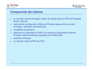 Components del sistema

  un servidor central d'imatges i llistes de treball ubicat al CPD del Hospital
  Duran i Reinals
  cada centre de diagnòstic d'Atenció Primària disposa d'un servidor
  d'imatges i de llistes de treball local
  modalitats d’exploració
  estacions de diagnòstic al HUB i als centres de diagnòstic d’Atenció
  Primària, estació estàndar equipada amb RAIM Alma
  estacions clíniques
  un servidor índex al CPD de l’ICS
 