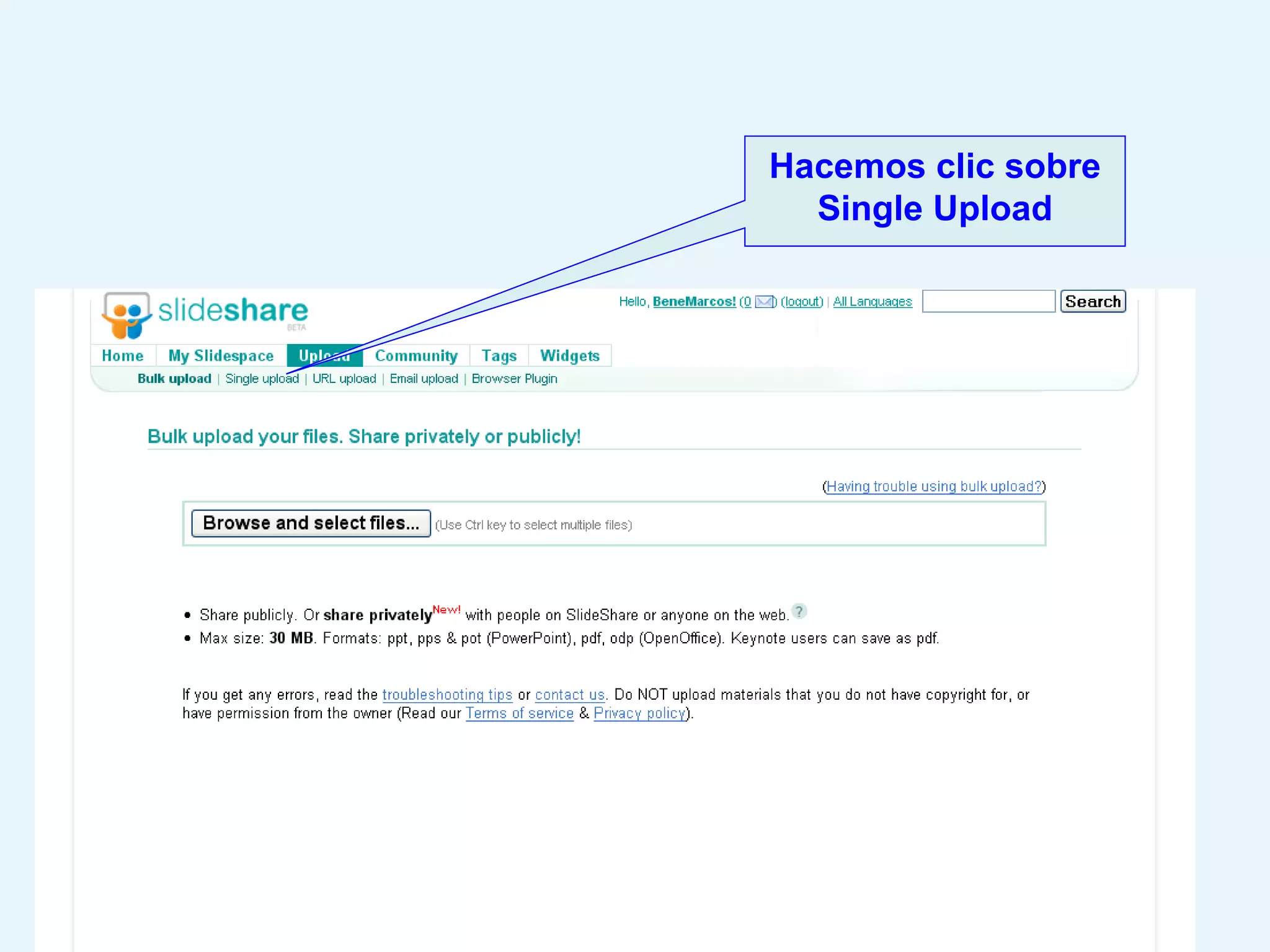 Hacemos clic sobre
  Single Upload
 