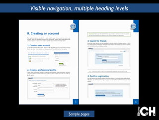 Visible navigation, multiple heading levels 
Sample pages 
 