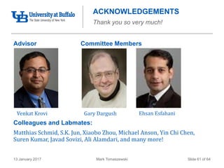 Mark Tomaszewski13 January 2017 Slide 61 of 64
ACKNOWLEDGEMENTS
Thank you so very much!
Advisor Committee Members
Colleagues and Labmates:
Matthias Schmid, S.K. Jun, Xiaobo Zhou, Michael Anson, Yin Chi Chen,
Suren Kumar, Javad Sovizi, Ali Alamdari, and many more!
Venkat Krovi Ehsan EsfahaniGary Dargush
 
