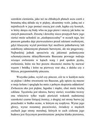 szerokim ciemieniu, jako też na chłodnych płatach uszu czerń z
brunatną rdzą układa się w piękny, aksamitny wzór, jedną zaś z
najmilszych w jego postaci rzeczą jest czub, kępka czy kosmyk,
w który skręca się biały włos na jego piersi i sterczy jak kolec na
starych pancerzach. Zresztą i dowolny nieco przepych barw jego
sierści może uchodzić za „niedopuszczalny” w oczach tego, kto
prawom gatunku daje pierwszeństwo przed zaletami osobistymi,
gdyż klasyczny wyżeł powinien być możliwie jednobarwny lub
ozdobiony odmiennymi plamami barwnymi, ale nie pręgowany.
Najbardziej jednak sprzeciwia się jakiemuś pedantycznie
schematycznemu sklasyfikowaniu Bauszana pewnego rodzaju
wiszące owłosienie w kątach warg i pod spodem pyska,
owłosienie, które nie bez pozoru słuszności można by nazwać
wąsem i bródką i które na pierwszy rzut oka, z daleka czy z
bliższa, przypominałoby pinczera.
Wszystko jedno, wyżeł czy pinczer, cóż to w każdym razie
za piękne i dobre stworzenie ten Bauszan, gdy opiera się mocno
o moje kolano i spogląda ku mnie z pełnym skupienia oddaniem!
Zwłaszcza oko jest piękne, łagodne i mądre, choć może trochę
szklane. Tęczówka jest rdzawa, barwy sierści; wszelako tworzy
ona właściwie tylko wąski pierścień wskutek nadmiernej
szerokości czarno lśniącej źrenicy, z drugiej zaś strony barwa jej
przechodzi w białko oczne, w którym się rozpływa. Wyraz jego
głowy, wyraz rozumnej poczciwości, świadczy o męskich
cechach jego strony moralnej, których to cech cielesna jego
budowa jest fizycznym powtórzeniem: potężna klatka piersiowa,
 