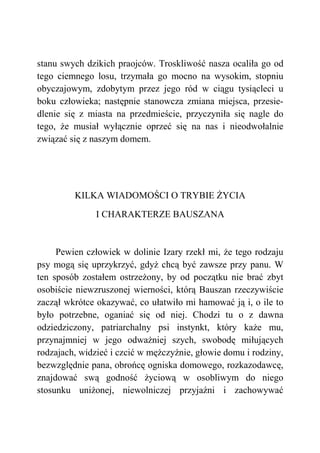 stanu swych dzikich praojców. Troskliwość nasza ocaliła go od
tego ciemnego losu, trzymała go mocno na wysokim, stopniu
obyczajowym, zdobytym przez jego ród w ciągu tysiącleci u
boku człowieka; następnie stanowcza zmiana miejsca, przesie-
dlenie się z miasta na przedmieście, przyczyniła się nagle do
tego, że musiał wyłącznie oprzeć się na nas i nieodwołalnie
związać się z naszym domem.
KILKA WIADOMOŚCI O TRYBIE ŻYCIA
I CHARAKTERZE BAUSZANA
Pewien człowiek w dolinie Izary rzekł mi, że tego rodzaju
psy mogą się uprzykrzyć, gdyż chcą być zawsze przy panu. W
ten sposób zostałem ostrzeżony, by od początku nie brać zbyt
osobiście niewzruszonej wierności, którą Bauszan rzeczywiście
zaczął wkrótce okazywać, co ułatwiło mi hamować ją i, o ile to
było potrzebne, oganiać się od niej. Chodzi tu o z dawna
odziedziczony, patriarchalny psi instynkt, który każe mu,
przynajmniej w jego odważniej szych, swobodę miłujących
rodzajach, widzieć i czcić w mężczyźnie, głowie domu i rodziny,
bezwzględnie pana, obrońcę ogniska domowego, rozkazodawcę,
znajdować swą godność życiową w osobliwym do niego
stosunku uniżonej, niewolniczej przyjaźni i zachowywać
 
