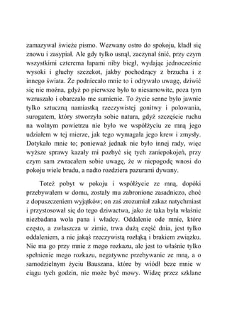zamazywał świeże pismo. Wezwany ostro do spokoju, kładł się
znowu i zasypiał. Ale gdy tylko usnął, zaczynał śnić, przy czym
wszystkimi czterema łapami niby biegł, wydając jednocześnie
wysoki i głuchy szczekot, jakby pochodzący z brzucha i z
innego świata. Że podniecało mnie to i odrywało uwagę, dziwić
się nie można, gdyż po pierwsze było to niesamowite, poza tym
wzruszało i obarczało me sumienie. To życie senne było jawnie
tylko sztuczną namiastką rzeczywistej gonitwy i polowania,
surogatem, który stworzyła sobie natura, gdyż szczęście ruchu
na wolnym powietrzu nie było we współżyciu ze mną jego
udziałem w tej mierze, jak tego wymagała jego krew i zmysły.
Dotykało mnie to; ponieważ jednak nie było innej rady, więc
wyższe sprawy kazały mi pozbyć się tych zaniepokojeń, przy
czym sam zwracałem sobie uwagę, że w niepogodę wnosi do
pokoju wiele brudu, a nadto rozdziera pazurami dywany.
Toteż pobyt w pokoju i współżycie ze mną, dopóki
przebywałem w domu, zostały mu zabronione zasadniczo, choć
z dopuszczeniem wyjątków; on zaś zrozumiał zakaz natychmiast
i przystosował się do tego dziwactwa, jako że taka była właśnie
niezbadana wola pana i władcy. Oddalenie ode mnie, które
często, a zwłaszcza w zimie, trwa dużą część dnia, jest tylko
oddaleniem, a nie jakąś rzeczywistą rozłąką i brakiem związku.
Nie ma go przy mnie z mego rozkazu, ale jest to właśnie tylko
spełnienie mego rozkazu, negatywne przebywanie ze mną, a o
samodzielnym życiu Bauszana, które by wiódł beze mnie w
ciągu tych godzin, nie może być mowy. Widzę przez szklane
 