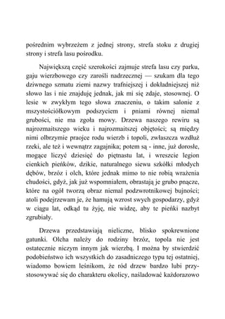 pośrednim wybrzeżem z jednej strony, strefa stoku z drugiej
strony i strefa lasu pośrodku.
Największą część szerokości zajmuje strefa lasu czy parku,
gaju wierzbowego czy zarośli nadrzecznej — szukam dla tego
dziwnego szmatu ziemi nazwy trafniejszej i dokładniejszej niż
słowo las i nie znajduję jednak, jak mi się zdaje, stosownej. O
lesie w zwykłym tego słowa znaczeniu, o takim salonie z
mszystościółkowym podszyciem i pniami równej niemal
grubości, nie ma zgoła mowy. Drzewa naszego rewiru są
najrozmaitszego wieku i najrozmaitszej objętości; są między
nimi olbrzymie praojce rodu wierzb i topoli, zwłaszcza wzdłuż
rzeki, ale też i wewnątrz zagajnika; potem są - inne, już dorosłe,
mogące liczyć dziesięć do piętnastu lat, i wreszcie legion
cienkich pieńków, dzikie, naturalnego siewu szkółki młodych
dębów, brzóz i olch, które jednak mimo to nie robią wrażenia
chudości, gdyż, jak już wspomniałem, obrastają je grubo pnącze,
które na ogół tworzą obraz niemal podzwrotnikowej bujności;
atoli podejrzewam je, że hamują wzrost swych gospodarzy, gdyż
w ciągu lat, odkąd tu żyję, nie widzę, aby te pieńki nazbyt
zgrubiały.
Drzewa przedstawiają nieliczne, blisko spokrewnione
gatunki. Olcha należy do rodziny brzóz, topola nie jest
ostatecznie niczym innym jak wierzbą. I można by stwierdzić
podobieństwo ich wszystkich do zasadniczego typu tej ostatniej,
wiadomo bowiem leśnikom, że ród drzew bardzo lubi przy-
stosowywać się do charakteru okolicy, naśladować każdorazowo
 