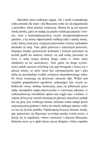 Opisałem rejon średniego zagaja. Ale i strefa wschodniego
stoku posiada dla mnie i dla Bauszana uroki nie do pogardzenia
z powodów, które później wyłuszczę. Można by ją też nazwać
strefą potoku, gdyż on nadaje jej piętno sielskiego pejzażu i two-
rzy, wraz z kontemplacyjnością swych niezapominajkowych
gruntów, z tej strony odpowiednik wielkiej rzeki z tamtej strony,
rzeki, której szum przy wiejącym przeważnie wietrze zachodnim
dochodzi aż tutaj. Tam, gdzie pierwsza z sztucznych przecznic,
biegnąca między pastewnymi kotlinami i leśnymi parcelami na
kształt grobli ku stokowi, kończy się nad rzeką, prowadzi na
lewo w niżej leżącą okolicę droga, która w zimie służy
młodzieży za tor saneczkowy. Tam, gdzie się droga wyrów-
nywa, potok zaczyna swój bieg i po jego brzegach, z lewej czy z
prawej strony, co znów może być urozmaiceniem, pan i pies
lubią się przechadzać wzdłuż rozmaicie ukształtowanego stoku.
Po lewej roztaczają się drzewami otoczone łąki. Widać tam
wiejskie gospodarstwo ogrodowe, pokazujące tyły swych za-
budowań; owce, skubiąc koniczynę, pasą się pilnowane przez
małą, niezupełnie mądrą dziewczynkę w czerwonej sukience: w
rozkazodawczej wściekłości opiera ona ciągle ręce o kolana i z
całych sił krzyczy niemile brzmiącym głosem, straszliwie jednak
boi się przy tym wielkiego barana, któremu wełna nadaje pozór
majestatycznej grubości i który nie słucha żadnego zakazu i robi,
co mu się żywnie podoba. Najokropniej krzyczy dziecko wtedy,
gdy pojawienie się Bauszana wywołuje panikę wśród owiec, a
dzieje się to regularnie, wbrew zamiarom i chęciom Bauszana,
któremu owce są w głębi duszy raczej obojętne i który zupełnie
 