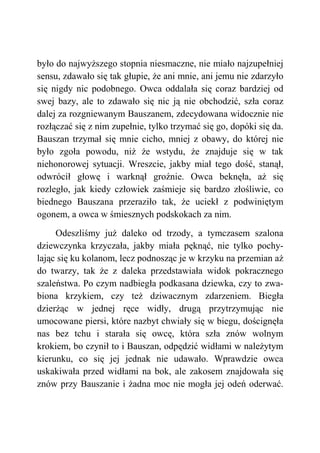 było do najwyższego stopnia niesmaczne, nie miało najzupełniej
sensu, zdawało się tak głupie, że ani mnie, ani jemu nie zdarzyło
się nigdy nic podobnego. Owca oddalała się coraz bardziej od
swej bazy, ale to zdawało się nic ją nie obchodzić, szła coraz
dalej za rozgniewanym Bauszanem, zdecydowana widocznie nie
rozłączać się z nim zupełnie, tylko trzymać się go, dopóki się da.
Bauszan trzymał się mnie cicho, mniej z obawy, do której nie
było zgoła powodu, niż że wstydu, że znajduje się w tak
niehonorowej sytuacji. Wreszcie, jakby miał tego dość, stanął,
odwrócił głowę i warknął groźnie. Owca beknęła, aż się
rozległo, jak kiedy człowiek zaśmieje się bardzo złośliwie, co
biednego Bauszana przeraziło tak, że uciekł z podwiniętym
ogonem, a owca w śmiesznych podskokach za nim.
Odeszliśmy już daleko od trzody, a tymczasem szalona
dziewczynka krzyczała, jakby miała pęknąć, nie tylko pochy-
lając się ku kolanom, lecz podnosząc je w krzyku na przemian aż
do twarzy, tak że z daleka przedstawiała widok pokracznego
szaleństwa. Po czym nadbiegła podkasana dziewka, czy to zwa-
biona krzykiem, czy też dziwacznym zdarzeniem. Biegła
dzierżąc w jednej ręce widły, drugą przytrzymując nie
umocowane piersi, które nazbyt chwiały się w biegu, doścignęła
nas bez tchu i starała się owcę, która szła znów wolnym
krokiem, bo czynił to i Bauszan, odpędzić widłami w należytym
kierunku, co się jej jednak nie udawało. Wprawdzie owca
uskakiwała przed widłami na bok, ale zakosem znajdowała się
znów przy Bauszanie i żadna moc nie mogła jej odeń oderwać.
 