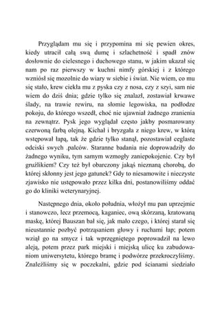 Przyglądam mu się i przypomina mi się pewien okres,
kiedy utracił całą swą dumę i szlachetność i spadł znów
dosłownie do cielesnego i duchowego stanu, w jakim ukazał się
nam po raz pierwszy w kuchni nimfy górskiej i z którego
wzniósł się mozolnie do wiary w siebie i świat. Nie wiem, co mu
się stało, krew ciekła mu z pyska czy z nosa, czy z szyi, sam nie
wiem do dziś dnia; gdzie tylko się znalazł, zostawiał krwawe
ślady, na trawie rewiru, na słomie legowiska, na podłodze
pokoju, do którego wszedł, choć nie ujawniał żadnego zranienia
na zewnątrz. Pysk jego wyglądał często jakby posmarowany
czerwoną farbą olejną. Kichał i bryzgała z niego krew, w którą
wstępował łapą, tak że gdzie tylko stanął, pozostawiał ceglaste
odciski swych .palców. Staranne badania nie doprowadziły do
żadnego wyniku, tym samym wzmogły zaniepokojenie. Czy był
gruźlikiem? Czy też był obarczony jakąś nieznaną chorobą, do
której skłonny jest jego gatunek? Gdy to niesamowite i nieczyste
zjawisko nie ustępowało przez kilka dni, postanowiliśmy oddać
go do kliniki weterynaryjnej.
Następnego dnia, około południa, włożył mu pan uprzejmie
i stanowczo, lecz przemocą, kaganiec, ową skórzaną, kratowaną
maskę, której Bauszan bał się, jak mało czego, i której starał się
nieustannie pozbyć potrząsaniem głowy i ruchami łap; potem
wziął go na smycz i tak wprzęgniętego poprowadził na lewo
aleją, potem przez park miejski i miejską ulicę ku zabudowa-
niom uniwersytetu, którego bramę i podwórze przekroczyliśmy.
Znaleźliśmy się w poczekalni, gdzie pod ścianami siedziało
 
