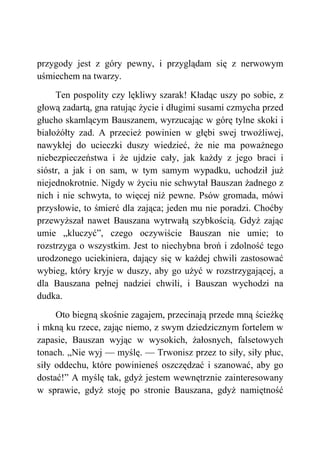 przygody jest z góry pewny, i przyglądam się z nerwowym
uśmiechem na twarzy.
Ten pospolity czy lękliwy szarak! Kładąc uszy po sobie, z
głową zadartą, gna ratując życie i długimi susami czmycha przed
głucho skamlącym Bauszanem, wyrzucając w górę tylne skoki i
białożółty zad. A przecież powinien w głębi swej trwożliwej,
nawykłej do ucieczki duszy wiedzieć, że nie ma poważnego
niebezpieczeństwa i że ujdzie cały, jak każdy z jego braci i
sióstr, a jak i on sam, w tym samym wypadku, uchodził już
niejednokrotnie. Nigdy w życiu nie schwytał Bauszan żadnego z
nich i nie schwyta, to więcej niż pewne. Psów gromada, mówi
przysłowie, to śmierć dla zająca; jeden mu nie poradzi. Choćby
przewyższał nawet Bauszana wytrwałą szybkością. Gdyż zając
umie „kluczyć”, czego oczywiście Bauszan nie umie; to
rozstrzyga o wszystkim. Jest to niechybna broń i zdolność tego
urodzonego uciekiniera, dający się w każdej chwili zastosować
wybieg, który kryje w duszy, aby go użyć w rozstrzygającej, a
dla Bauszana pełnej nadziei chwili, i Bauszan wychodzi na
dudka.
Oto biegną skośnie zagajem, przecinają przede mną ścieżkę
i mkną ku rzece, zając niemo, z swym dziedzicznym fortelem w
zapasie, Bauszan wyjąc w wysokich, żałosnych, falsetowych
tonach. „Nie wyj — myślę. — Trwonisz przez to siły, siły płuc,
siły oddechu, które powinieneś oszczędzać i szanować, aby go
dostać!” A myślę tak, gdyż jestem wewnętrznie zainteresowany
w sprawie, gdyż stoję po stronie Bauszana, gdyż namiętność
 