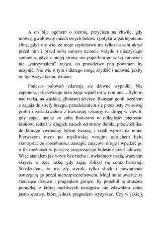A on bije ogonem o ziemię, przycisza na chwilę, gdy
mówię, gwałtowny miech swych boków i połyka w zakłopotaniu
ślinę, gdyż nie wie, że moje szyderstwo ma tylko na celu ukryć
przed nim i przed sobą samym uczucie wstydu i nieczystego
sumienia, gdyż z mojej strony nie poparłem go w tej sprawie i
nie „zatrzymałem” zająca, co prawdziwy pan powinien by
uczynić. Nie wie o tym i dlatego mogę szydzić i udawać, jakby
on był wszystkiemu winien.
Podczas polowań zdarzają się dziwne wypadki. Nie
zapomnę, jak pewnego razu zając wpadł mi w ramiona... Było to
nad rzeką, na wąskiej, gliniastej ścieżce. Bauszan gonił, szedłem
z zagaja do strefy brzegu, przedzierałem się przez osty żwirowej
grobli i zeskakiwałem z trawiastej szkarpy na drogę w chwili,
gdy zając, mając za sobą Bauszana w odległości piętnastu
kroków, sadził w długich susach od strony domku przewoźnika,
do którego zwrócony byłem twarzą, i szedł wprost na mnie.
Pierwszym mym po myśliwsku wrogim odruchem było
skorzystać ze sposobności, zastąpić zającowi drogę i wpędzić go
o ile możności w paszczę jazgoczącego boleśnie prześladowcy.
Więc stanąłem jak wryty bez ruchu i, owładnięty pasją, ważyłem
skrycie w ręce laskę, gdy zając zbliżał się coraz bardziej.
Wiedziałem, że ma zły wzrok, tylko słuch i powonienie
ostrzegają go przed niebezpieczeństwem. Mógł mnie uważać za
sterczące drzewo i pragnąłem gorąco, by popełnił tę straszną
pomyłkę, z której możliwych następstw nie zdawałem sobie
jasno sprawy, którą jednak pragnąłem wyzyskać. Czy w jakiejś
 