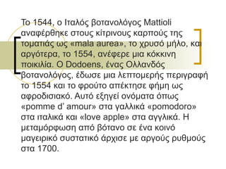 Το 1544, ο Ιταλός βοτανολόγος  Mattioli  αναφέρθηκε στους κίτρινους καρπούς της τοματιάς ως « mala aurea », το χρυσό μήλο, και αργότερα, το 1554, ανέφερε μια κόκκινη ποικιλία. Ο  Dodoens,  ένας Ολλανδός βοτανολόγος, έδωσε μια λεπτομερής περιγραφή το 1554 και το φρούτο απέκτησε φήμη ως αφροδισιακό. Αυτό εξηγεί ονόματα όπως « pomme d’ amour » στα γαλλικά   « pomodoro » στα ιταλικά και « love apple » στα αγγλικά. Η μεταμόρφωση από βότανο σε ένα κοινό μαγειρικό συστατικό άρχισε με αργούς ρυθμούς στα 1700. 