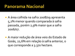 Panorama NacionalA área colhida na safra 2008/09 apresenta 5,2% menor quando comparada à safra passada, porém 2,9% maior que a safra 2006/07.A maior redução de área veio do Estado de Goiás, 22,6% em relação à safra anterior, o que corresponde a 3.370 hectare. 