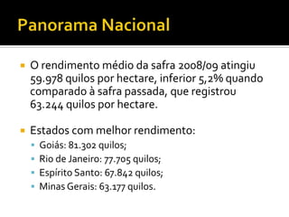 Panorama NacionalO rendimento médio da safra 2008/09 atingiu 59.978 quilos por hectare, inferior 5,2% quando comparado à safra passada, que registrou 63.244 quilos por hectare. Estados com melhor rendimento:Goiás: 81.302 quilos;Rio de Janeiro: 77.705 quilos;Espírito Santo: 67.842 quilos;Minas Gerais: 63.177 quilos.