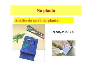 Na planta
N-NO3, P-PO4 e K
Análise da seiva da planta
 