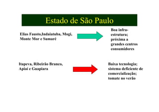Estado de São Paulo
Elias Fausto,Indaiatuba, Mogi,
Monte Mor e Sumaré
Boa infra-
estrutura;
próxima a
grandes centros
consumidores
Itapeva, Ribeirão Branco,
Apiaí e Guapiara
Baixa tecnologia;
sistema deficiente de
comercialização;
tomate no verão
 