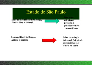 Estado de São Paulo
Elias Fausto,Indaiatuba, Mogi,
Monte Mor e Sumaré
Itapeva, Ribeirão Branco,
Apiaí e Guapiara
Boa infra-
estrutura;
próxima a
grandes centros
consumidores
Baixa tecnologia;
sistema deficiente de
comercialização;
tomate no verão
 