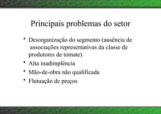 Principais problemas do setor
• Desorganização do segmento (ausência de
associações representativas da classe de
produtores de tomate)
• Alta inadimplência
• Mão-de-obra não qualificada
• Flutuação de preços
 