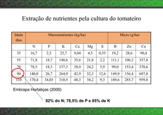 Extração de nutrientes pela cultura do tomateiro
Idade
dias
Macronutrientes (kg/ha) Micro (g/ha)
N P K Ca Mg S B Zn Cu
35 16,7 2,5 25,7 9,04 4,5 0,55 19,2 28,6 90,4
55 71,8 18,7 148,6 35,6 21,8 2,2 111,1 106,3 357,8
70 78,5 18,3 137,3 38,9 24,2 5,9 99,0 153,4 370,6
90 140,0 26,7 264,9 42,9 32,3 12,6 149,9 156,4 687,8
110 170,4 34,03 310,5 48,3 38,2 9,3 189,6 285,7 959,8
Embrapa Hortaliças (2000)
82% do N; 78,5% de P e 85% de K
 