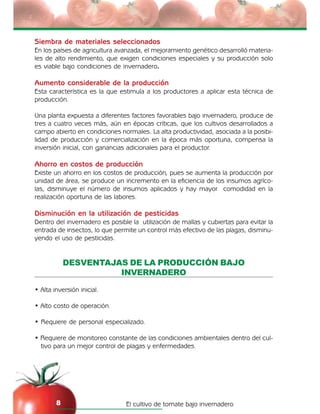 El cultivo de tomate bajo invernadero8
Siembra de materiales seleccionados
En los países de agricultura avanzada, el mejoramiento genético desarrolló materia-
les de alto rendimiento, que exigen condiciones especiales y su producción solo
es viable bajo condiciones de invernadero.
Aumento considerable de la producción
Esta característica es la que estimula a los productores a aplicar esta técnica de
producción.
Una planta expuesta a diferentes factores favorables bajo invernadero, produce de
tres a cuatro veces más, aún en épocas críticas, que los cultivos desarrollados a
campo abierto en condiciones normales. La alta productividad, asociada a la posibi-
lidad de producción y comercialización en la época más oportuna, compensa la
inversión inicial, con ganancias adicionales para el productor.
Ahorro en costos de producción
Existe un ahorro en los costos de producción, pues se aumenta la producción por
unidad de área, se produce un incremento en la eficiencia de los insumos agríco-
las, disminuye el número de insumos aplicados y hay mayor comodidad en la
realización oportuna de las labores.
Disminución en la utilización de pesticidas
Dentro del invernadero es posible la utilización de mallas y cubiertas para evitar la
entrada de insectos, lo que permite un control más efectivo de las plagas, disminu-
yendo el uso de pesticidas.
DESVENTAJAS DE LA PRODUCCIÓN BAJO
INVERNADERO
• Alta inversión inicial.
• Alto costo de operación.
• Requiere de personal especializado.
• Requiere de monitoreo constante de las condiciones ambientales dentro del cul-
tivo para un mejor control de plagas y enfermedades.
 