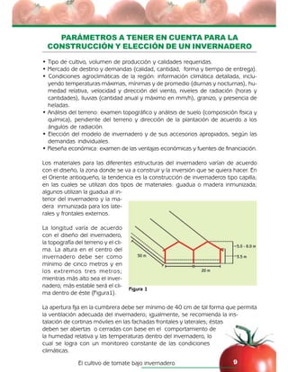 El cultivo de tomate bajo invernadero 9
PARÁMETROS A TENER EN CUENTA PARA LA
CONSTRUCCIÓN Y ELECCIÓN DE UN INVERNADERO
• Tipo de cultivo, volumen de producción y calidades requeridas.
• Mercado de destino y demandas (calidad, cantidad, forma y tiempo de entrega).
• Condiciones agroclimáticas de la región: información climática detallada, inclu-
yendo temperaturas máximas, mínimas y de promedio (diurnas y nocturnas), hu-
medad relativa, velocidad y dirección del viento, niveles de radiación (horas y
cantidades), lluvias (cantidad anual y máximo en mm/h), granizo, y presencia de
heladas.
• Análisis del terreno: examen topográfico y análisis de suelo (composición física y
química), pendiente del terreno y dirección de la plantación de acuerdo a los
ángulos de radiación.
• Elección del modelo de invernadero y de sus accesorios apropiados, según las
demandas individuales.
• Reseña económica: examen de las ventajas económicas y fuentes de financiación.
Los materiales para las diferentes estructuras del invernadero varían de acuerdo
con el diseño, la zona donde se va a construir y la inversión que se quiera hacer. En
el Oriente antioqueño, la tendencia es la construcción de invernaderos tipo capilla;
en las cuales se utilizan dos tipos de materiales: guadua o madera inmunizada;
algunos utilizan la guadua al in-
terior del invernadero y la ma-
dera inmunizada para los late-
rales y frontales externos.
La longitud varía de acuerdo
con el diseño del invernadero,
la topografía del terreno y el cli-
ma. La altura en el centro del
invernadero debe ser como
mínimo de cinco metros y en
los extremos tres metros;
mientras más alto sea el inver-
nadero, más estable será el cli-
ma dentro de éste (Figura1).
La apertura fija en la cumbrera debe ser mínimo de 40 cm de tal forma que permita
la ventilación adecuada del invernadero; igualmente, se recomienda la ins-
talación de cortinas móviles en las fachadas frontales y laterales; éstas
deben ser abiertas o cerradas con base en el comportamiento de
la humedad relativa y las temperaturas dentro del invernadero, lo
cual se logra con un monitoreo constante de las condiciones
climáticas.
Figura 1
 