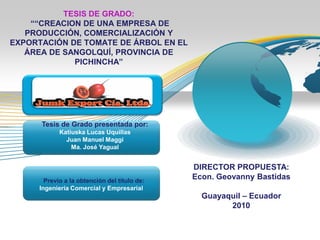 TESIS DE GRADO:
““CREACION DE UNA EMPRESA DE
PRODUCCIÓN, COMERCIALIZACIÓN Y
EXPORTACIÓN DE TOMATE DE ÁRBOL EN EL
ÁREA DE SANGOLQUÍ, PROVINCIA DE
PICHINCHA”
Previo a la obtención del título de:
Ingeniería Comercial y Empresarial
DIRECTOR PROPUESTA:
Econ. Geovanny Bastidas
Guayaquil – Ecuador
2010
Tesis de Grado presentada por:
Katiuska Lucas Uquillas
Juan Manuel Maggi
Ma. José Yagual
 