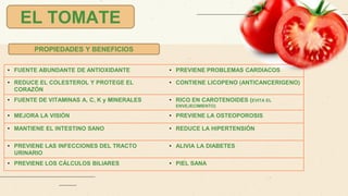 • FUENTE ABUNDANTE DE ANTIOXIDANTE • PREVIENE PROBLEMAS CARDIACOS
• REDUCE EL COLESTEROL Y PROTEGE EL
CORAZÓN
• CONTIENE LICOPENO (ANTICANCERIGENO)
• FUENTE DE VITAMINAS A, C, K y MINERALES • RICO EN CAROTENOIDES (EVITA EL
ENVEJECIMIENTO)
• MEJORA LA VISIÓN • PREVIENE LA OSTEOPOROSIS
• MANTIENE EL INTESTINO SANO • REDUCE LA HIPERTENSIÓN
• PREVIENE LAS INFECCIONES DEL TRACTO
URINARIO
• ALIVIA LA DIABETES
• PREVIENE LOS CÁLCULOS BILIARES • PIEL SANA
PROPIEDADES Y BENEFICIOS
EL TOMATE
 