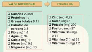 VALOR NUTRICIONAL
 Calorías 22kcal
 Proteínas 1g
 Grasas totales 0,11
 Hidratos de
carbono 3,5
 Fibra (g) 1,4
 Agua (g) 94
 Calcio (mg) 11
 Hierro (mg) 0,6
 Magnesio (mg) 10
 Zinc (mg) 0,22
 Sodio (mg) 3
 Potasio (mg) 290
 Fósforo (mg) 27
 Vitamina B6 (mg)
0,11
 Vitamina C (mg) 26
 Vitamina E (mg) 1,2
POR CADA 100g
 