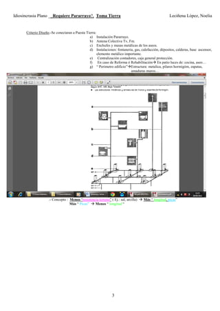 Idiosincrasia Plano __Requiere Pararrayo?, Toma Tierra Leciñena López, Noelia
3
Criterio Diseño.-Se conectaran a Puesta Tierra:
a) Instalación Pararrayo.
b) Antena Colectiva Tv, Fm.
c) Enchufes y masas metálicas de los aseos.
d) Instalaciones: fontaneria, gas, calefacción, dépositos, calderas, base ascensor,
elemento metálico importante.
e) Centralización contadores, caja general protección.
f) En caso de Reforma ó Rehabilitación En patio luces de: cocina, aseo…
g) “ Perimetro edificio” Estructura: metalica, pilares hormigóm, zapatas,
amaduras muros…
.- Concepto : Menos “resistencia terreno” ( Ej.: sal, arcilla) Más “ longitud, picas”
Más “ Picas” Menos “ longitud “
 