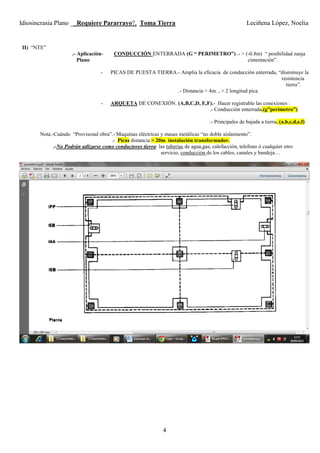 Idiosincrasia Plano __Requiere Pararrayo?, Toma Tierra Leciñena López, Noelia
4
II) “NTE”
.- Aplicación- CONDUCCIÓN ENTERRADA (G “ PERIMETRO”) .- > (-0.8m) “ posibilidad zanja
Plano cimentación”.
- PICAS DE PUESTA TIERRA.- Amplia la eficacia de conducción enterrada, “disminuye la
resistencia
tierra”.
.- Distancia < 4m. , > 2 longitud pica
- ARQUETA DE CONEXIÓN. (A,B,C,D, E,F).- Hacer registrable las conexiones :
.- Conducción enterrada.(g”perimetro”)
.- Principales de bajada a tierra. (a,b,c,d,e,f)
Nota.-Cuándo “Provisonal obra”.- Maquinas eléctricas y masas metálicas “no doble aislamiento”.
.- Picas distancia > 20m instalación transformador.
.-No Podrán utlizarse como conductores tierra: las tuberias de agua,gas, calefacción, telefono ó cualquier otro
servicio, conducción de los cables, canales y bandeja…
 
