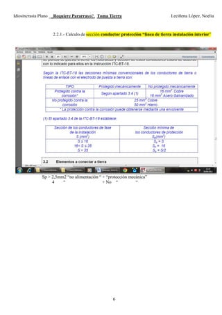 Idiosincrasia Plano __Requiere Pararrayo?, Toma Tierra Leciñena López, Noelia
6
2.2.1.- Calculo de sección conductor protección “línea de tierra instalación interior”
Sp > 2,5mm2 “no alimentación “ + “protección mecánica”
4 “ + No “ “
 
