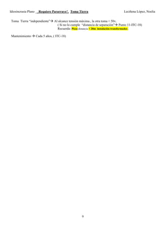 Idiosincrasia Plano __Requiere Pararrayo?, Toma Tierra Leciñena López, Noelia
9
Toma Tierra “independiente” Al alcance tensión máxima , la otra toma < 50v.
( Si no lo cumple “distancia de separación” Punto 11-ITC-18)
Recuerda: Picas distancia > 20m instalación transformador.
Mantenimiento Cada 5 años, ( ITC-18)
 