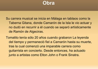Sus inicios Debutó con tan sólo 10 años como guitarrista de acompañamiento en la Peña ”El Taranto” de Almería, presentado por José Sorroche. 