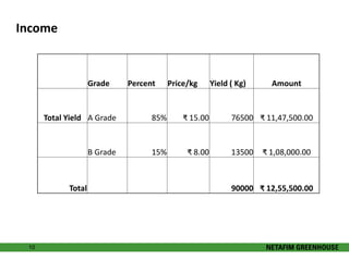 Income 
10 
Grade Percent Price/kg Yield ( Kg) Amount 
Total Yield A Grade 85% ₹ 15.00 76500 ₹ 11,47,500.00 
B Grade 15% ₹ 8.00 13500 ₹ 1,08,000.00 
Total 90000 ₹ 12,55,500.00 
 