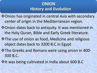 Onion has originated in central Asia with secondary
center of origin in the Mediterranean region.
Onion dates back to antiquity. It was mentioned in
the Holy Quran, Bible and Early Greek literature.
The use of onion as food, Medicine and religious
object dates back to 3200 B.C in Egypt
The Greeks and Romans were using onion in 400-
300 B.C.
It was being cultivated in India about 600 B.C
ONION
History and Evolution
Dar Maajid
 
