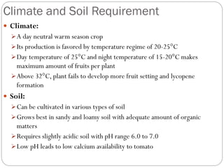 Climate and Soil Requirement
 Climate:
A day neutral warm season crop
Its production is favored by temperature regime of 20-25°C
Day temperature of 25°C and night temperature of 15-20°C makes
maximum amount of fruits per plant
Above 32°C, plant fails to develop more fruit setting and lycopene
formation
 Soil:
Can be cultivated in various types of soil
Grows best in sandy and loamy soil with adequate amount of organic
matters
Requires slightly acidic soil with pH range 6.0 to 7.0
Low pH leads to low calcium availability to tomato
 