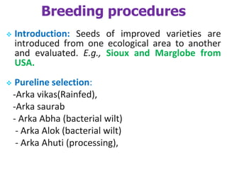 Breeding procedures
 Introduction: Seeds of improved varieties are
introduced from one ecological area to another
and evaluated. E.g., Sioux and Marglobe from
USA.
 Pureline selection:
-Arka vikas(Rainfed),
-Arka saurab
- Arka Abha (bacterial wilt)
- Arka Alok (bacterial wilt)
- Arka Ahuti (processing),
 