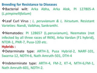 Breeding for Resistance to Diseases
Bacterial wilt: Arka Abha, Arka Alok, PI 127805-A
(L.pimpinellifolium)
Leaf Curl Virus : L. peruvianum & L. hirsutum. Resistant
Varieties: Nandi, Vaibhav, Sankranthi.
Nematodes: PI 128657 (L.peruvianum), Neematex (not
infected by all three races of RKN), Arka Vardan (F1 hybrid),
NTDR-1, PNR-7, Pusa-120 etc.
Hybrids :
Determinate type: ARTH-3, Pusa Hybrid-2, NARF-101,
Swarna-12, NDTH-6, Nath Amruth-501, DTH-4
Indeterminate type: ARTH-4, FM-2, KT-4, MTH-6,FM-1,
Nath Amruth-601, NDTH-2.
 