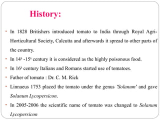 History:
• In 1828 Britishers introduced tomato to India through Royal Agri-
Horticultural Society, Calcutta and afterwards it spread to other parts of
the country.
• In 14th
-15th
century it is considered as the highly poisonous food.
• In 16th
century Italians and Romans started use of tomatoes.
• Father of tomato : Dr. C. M. Rick
• Linnaeus 1753 placed the tomato under the genus ‘Solanum’ and gave
Solanum Lycopersicon.
• In 2005-2006 the scientific name of tomato was changed to Solanum
Lycopersicon
 