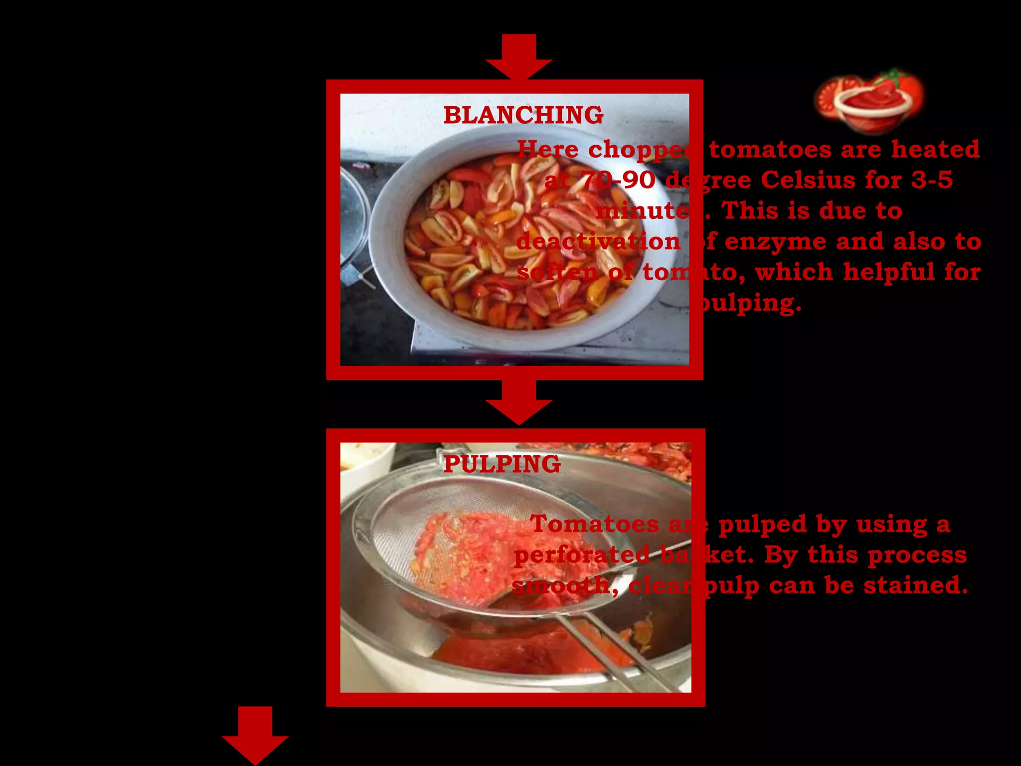 BLANCHING
PULPING
Here chopped tomatoes are heated
at 70-90 degree Celsius for 3-5
minutes. This is due to
deactivation of enzyme and also to
soften of tomato, which helpful for
pulping.
Tomatoes are pulped by using a
perforated basket. By this process
smooth, clear pulp can be stained.
 