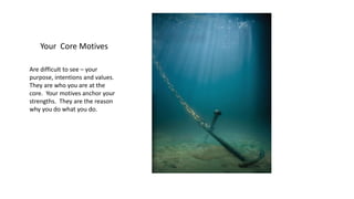 Your Core Motives
Are difficult to see – your
purpose, intentions and values.
They are who you are at the
core. Your motives anchor your
strengths. They are the reason
why you do what you do.
 