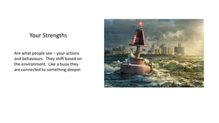 Your Strengths
Are what people see – your actions
and behaviours. They shift based on
the environment. Like a buoy they
are connected to something deeper.
 