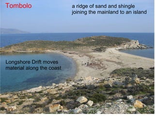 Tombolo Longshore Drift moves material along the coast a ridge of sand and shingle joining the mainland to an island   