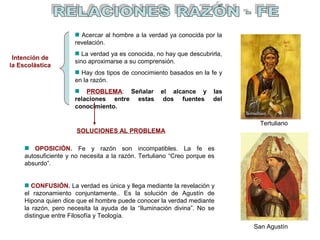 Intención de 
la Escolástica 
Acercar al hombre a la verdad ya conocida por la 
revelación. 
La verdad ya es conocida, no hay que descubrirla, 
sino aproximarse a su comprensión. 
Hay dos tipos de conocimiento basados en la fe y 
en la razón. 
PROBLEMA: Señalar el alcance y las 
relaciones entre estas dos fuentes del 
conocimiento. 
SOLUCIONES AL PROBLEMA 
OPOSICIÓN. Fe y razón son incompatibles. La fe es 
autosuficiente y no necesita a la razón. Tertuliano “Creo porque es 
absurdo”. 
CONFUSIÓN. La verdad es única y llega mediante la revelación y 
el razonamiento conjuntamente.. Es la solución de Agustín de 
Hipona quien dice que el hombre puede conocer la verdad mediante 
la razón, pero necesita la ayuda de la “Iluminación divina”. No se 
distingue entre Filosofía y Teología. 
Tertuliano 
San Agustín 
 