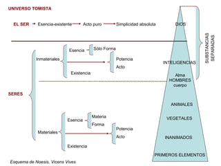 DIOS 
INTELIGENCIAS 
Alma 
HOMBRES 
cuerpo 
UNIVERSO TOMISTA 
EL SER Esencia-existente Acto puro Simplicidad absoluta 
ANIMALES 
VEGETALES 
INANIMADOS 
SUBSTANCIAS 
SEPARADAS 
PRIMEROS ELEMENTOS 
SERES 
Inmateriales 
Materiales 
Esencia 
Existencia 
Materia 
Forma 
Potencia 
Acto 
Esencia 
Existencia 
Sólo Forma 
Potencia 
Acto 
Esquema de Noesis, Vicens Vives 
 