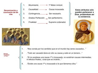 Denominación y 
conclusión de las 
vías 
1. .Movimiento 1º Motor inmóvil. 
2. .Causalidad Causa incausada. 
3. .Contingencia Ser necesario. 
4. .Grados Perfección Ser perfectísimo. 
5. .Finalidad Supremo ordenador 
Ejemplo: 
Causalidad 
( 2ª vía ) 
Estos atributos sólo 
pueden pertenecer a 
Dios, probándose así 
1. .“Nos consta por los sentidos que en el mundo hay seres causados...” 
2. .“Todo ser causado tiene en otro su causa y este en un tercero...” 
3. .“Si no existiese una causa 1ª o incausada, no existirían causas intermedias, 
ni efectos finales,; cosa que es incierta...” 
4. .“Existe una causa 1ª o incausada a la que llamamos dios.” 
su existencia. 
 