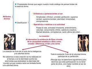 Atributos 
divinos 
Propiedades divinas que según nuestro modo análogo de pensar brotan de 
la esencia divina. 
Clasificación 
 Entitativos o pertenecientes al ser 
Simplicidad, infinitud, unicidad, perfección, suprema 
verdad, suprema bondad, eternidad, inmensidad, 
omnipresencia 
 Operativos o relativos a su actividad 
Posee la vida, actividad inmanente, entendimiento, 
voluntad, conocimiento infinito, sabiduría creadora, 
libertad absoluta, omnipotencia, razón última del orden… 
La creación 
Al demostrar la existencia de Dios a través 
de la causalidad establece a Dios como 
creador. Diferencia: el Ser y los seres. 
Todo lo existente, fruto de la voluntad divina, 
participa de su perfección. 
(Recoge aquí el platonismo agustiniano para 
decirnos que esta participación no es tener 
parte de otros, sino haber recibido el ser de 
otro) 
La creación es fruto de un acto de la inteligencia 
y la voluntad divina. 
No sabemos si esta creación se ha realizado en 
el tiempo o en la eternidad (contra los 
averroistas que postulaban la eternidad del 
mundo) ya que nuestra razón es limitada frente 
a la voluntad divina. 
 