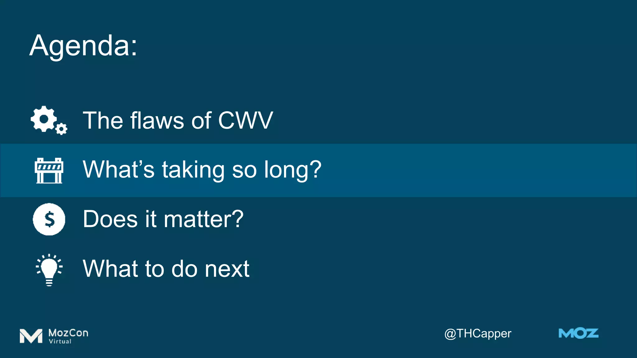 @THCapper
Agenda:
The flaws of CWV
What’s taking so long?
Does it matter?
What to do next
 
