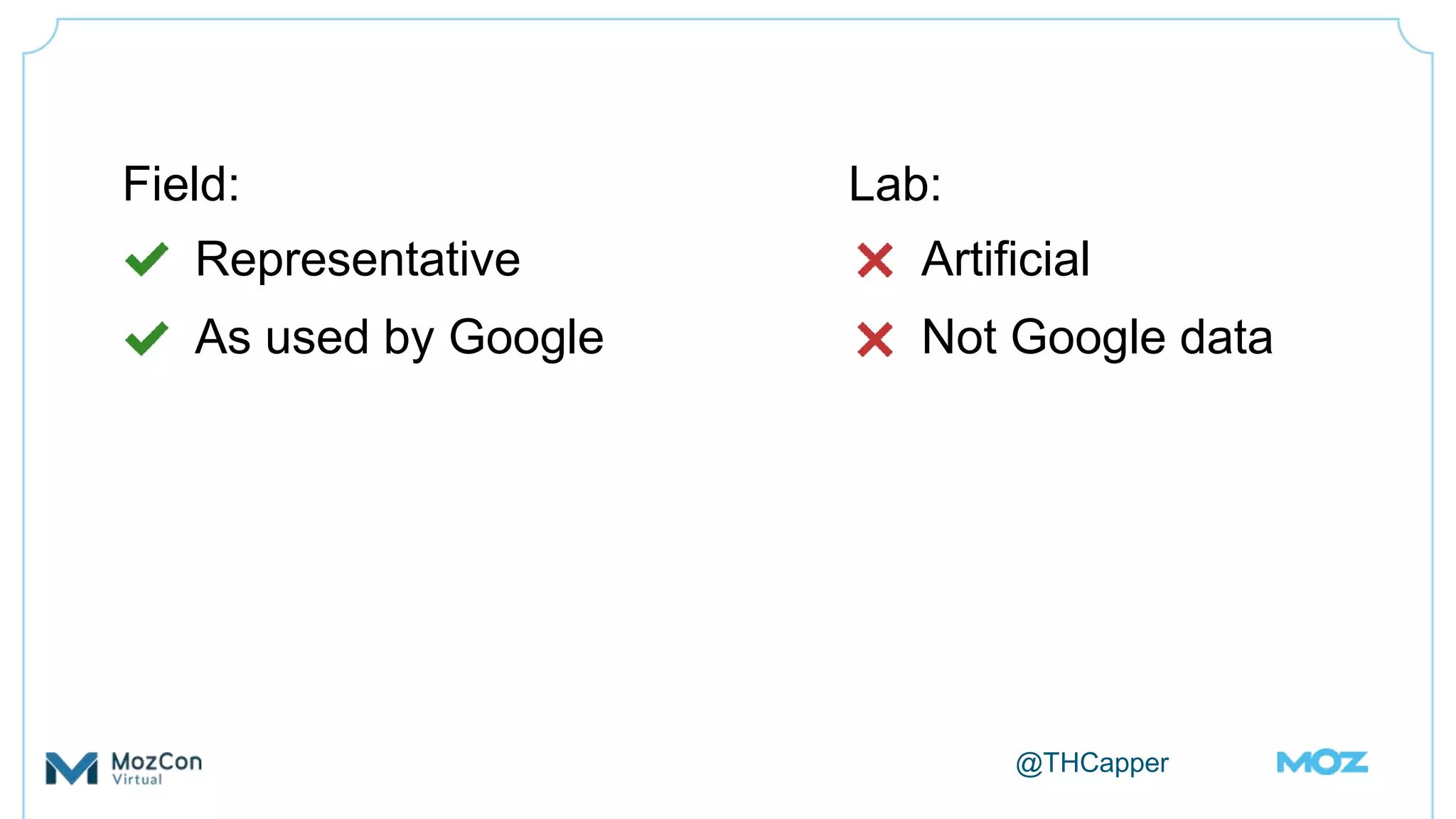 @THCapper
Field:
 Representative
 As used by Google
Lab:
 Artificial
 Not Google data
 