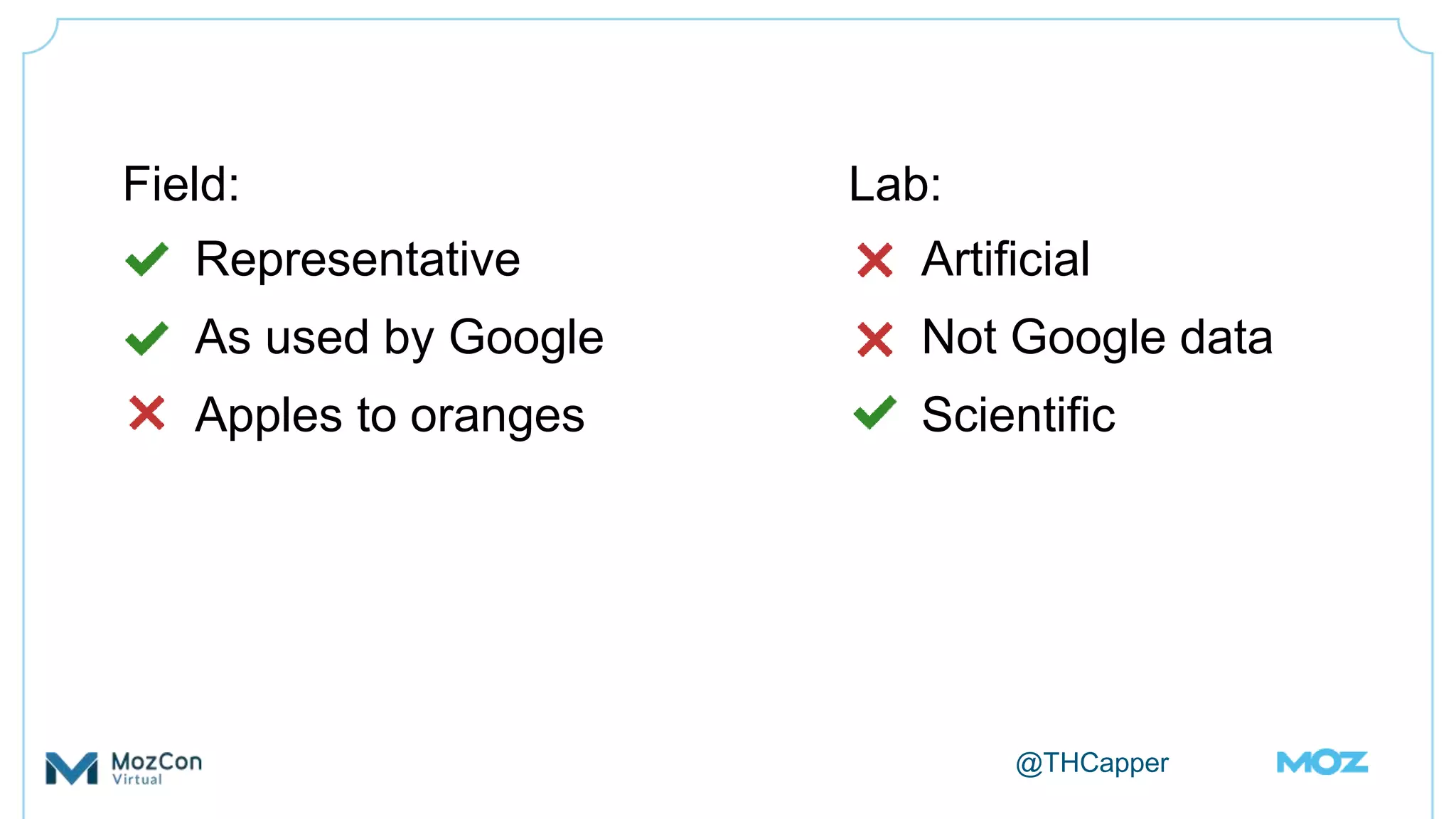 @THCapper
Field:
 Representative
 As used by Google
 Apples to oranges
Lab:
 Artificial
 Not Google data
 Scientific
 